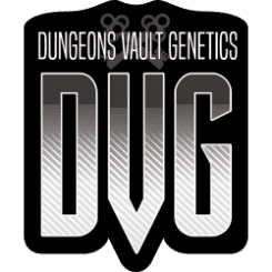 Logo of Dungeons Vault Genetics (DVG) featuring large, stylized gradient letters "DVG" below the company name on a dark background.