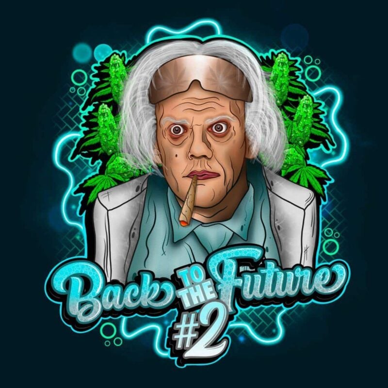 Illustration of an older man with white hair, wearing a futuristic suit and headband, holding a cigar. Text reads "Back to the Future (F) (Formerly Back to the Future 2)" in neon blue letters.