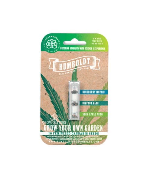 A package of Grow Your Own Garden Multipack includes cannabis seeds featuring varieties like Blueberry Muffin, Bigfoot Glue, and Sour Apple Auto. This set contains 10 feminized seeds for cultivation.