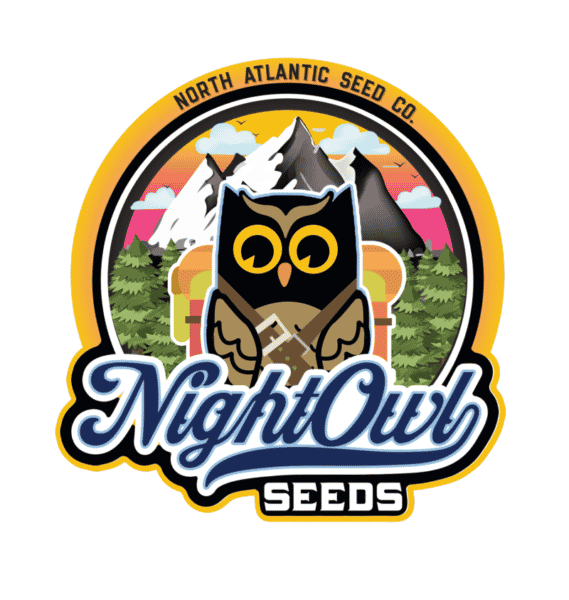 Logo of North Atlantic Seed Co. featuring an owl holding seeds, with mountains, trees, and orange-lit tents in the background. The text "Night Owl Seeds" is prominently displayed in the foreground. Get a FREE NASC Night Owl Sticker with every purchase from NASC!