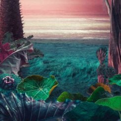 Surreal landscape featuring large leaves and plants in the foreground, reminiscent of the tropical wonders found in a Tropical Thunder Auto Multipack, with a shimmering shoreline and a colorful sky in the background.