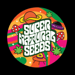 A colorful circular logo with the text "Super Natural Seeds," featuring mushrooms, UFOs, stars, and cannabis leaves on a vibrant, wavy background. The design feels like a visual popup menu for otherworldly wonders.