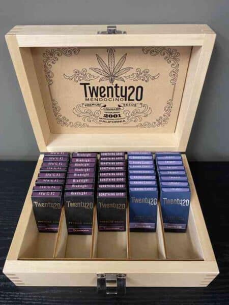 A Twenty20 Mendocino Wooden Display Case labeled "Twenty20 Mendocino Seeds" contains multiple packets of seeds organized in rows. Each packet is designed with a striking purple and black color scheme.