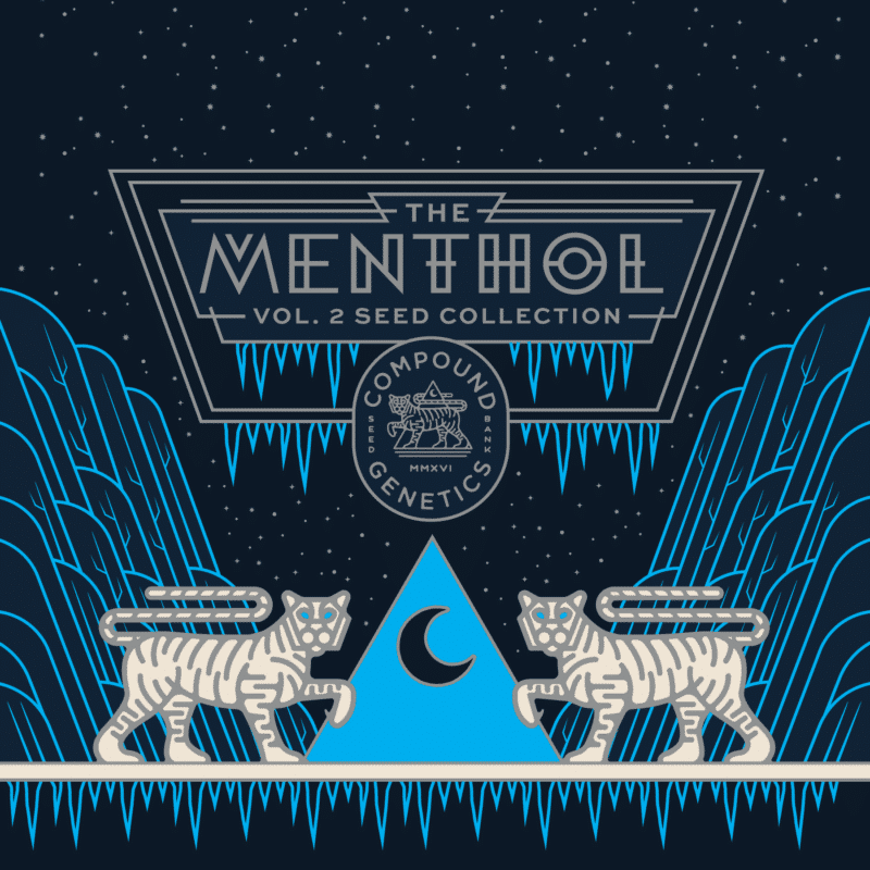Illustrated image showing two white tigers walking towards a blue pyramid with a crescent moon. Text reads, "The Menthol Vol. 2 Seed Collection, Compound Genetics", featuring the Rose Gold Rackz (F) [THE MENTHOL DROP]. Mountain and starry night background.