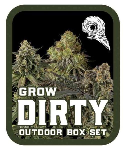 Image of a product labeled "Grow Dirty Outdoor Box Set," featuring a graphic of cannabis plants and a stylized bird skull in the corner.