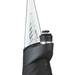 A sleek, cone-shaped, transparent device with a black base featuring a textured grip and a round button. The interior has a geometric pattern, giving it the distinct look of the Peak Pro.