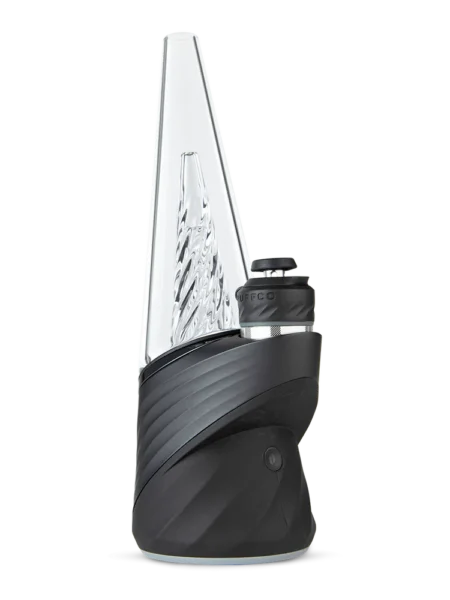 A sleek, cone-shaped, transparent device with a black base featuring a textured grip and a round button. The interior has a geometric pattern, giving it the distinct look of the Peak Pro.