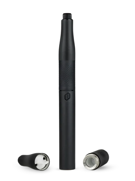 A black pen-style electronic device with two detachable components placed beside it for added versatility and Plus functionality.